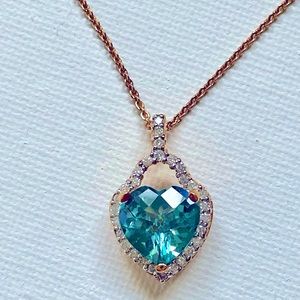 Blue Topaz Heart Pendant December Birthstone 4 Carats Diamonds 18K Gold Vermeil